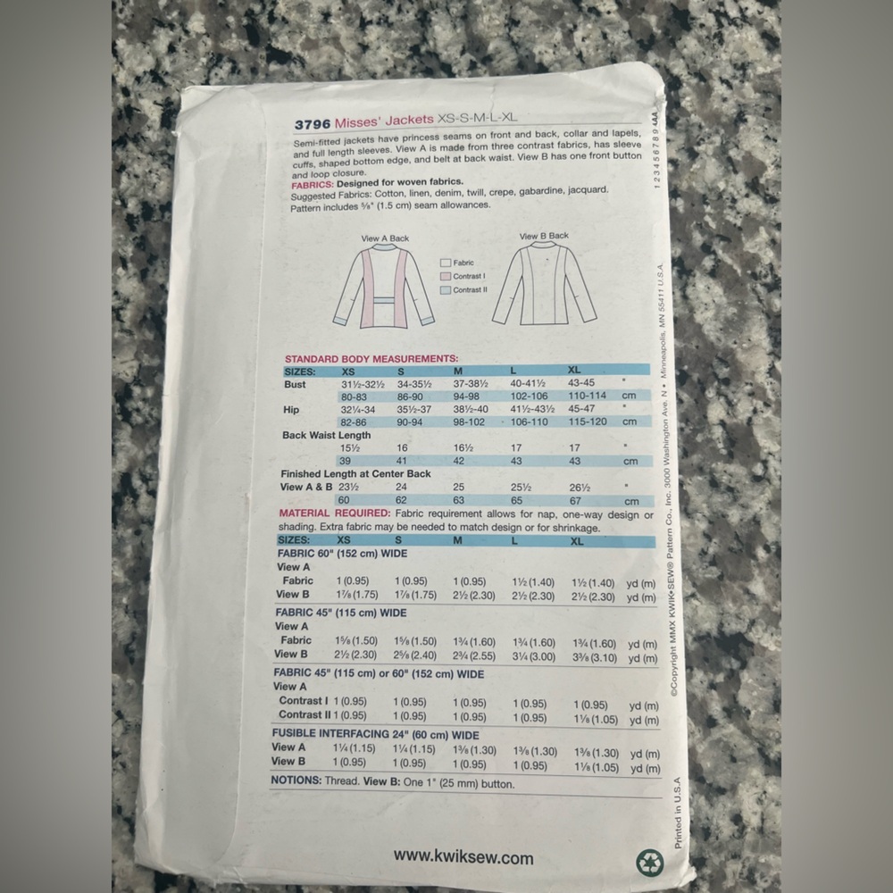 Kwik Sew 3796 Women's Jacket Pattern - Picture 2 of 2